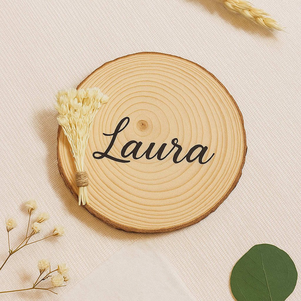 Base de madera personalizada con flor seca – Decoración y marcasitios para eventos