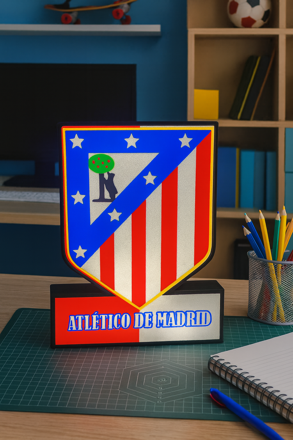 Lámpara LED personalizada escudo del Atlético de Madrid fútbol Impresión en 3D tamaño de 24 cm