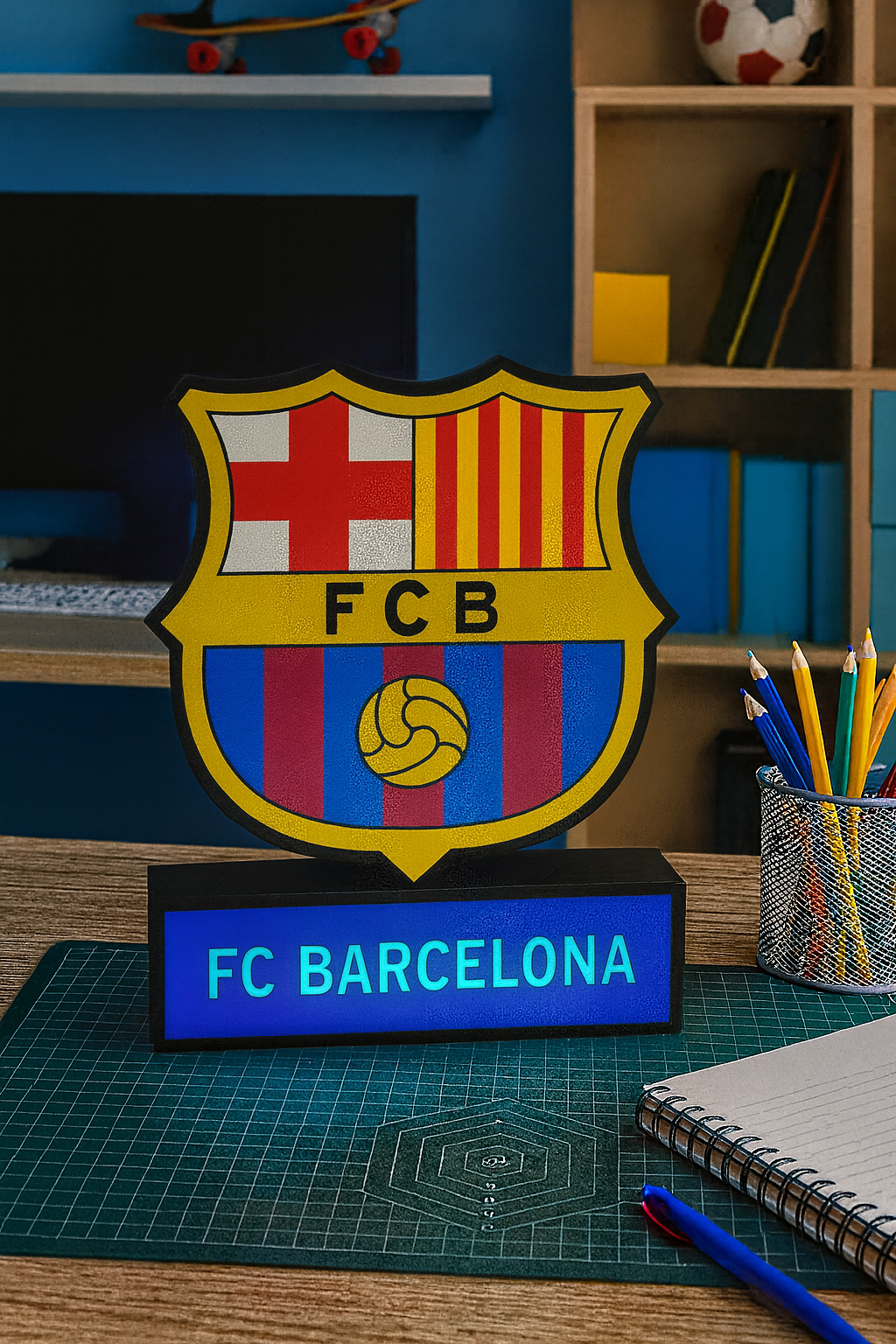 Lámpara LED personalizada escudo del Barcelona fútbol, baloncesto, hockey Impresión en 3D tamaño de 24 cm