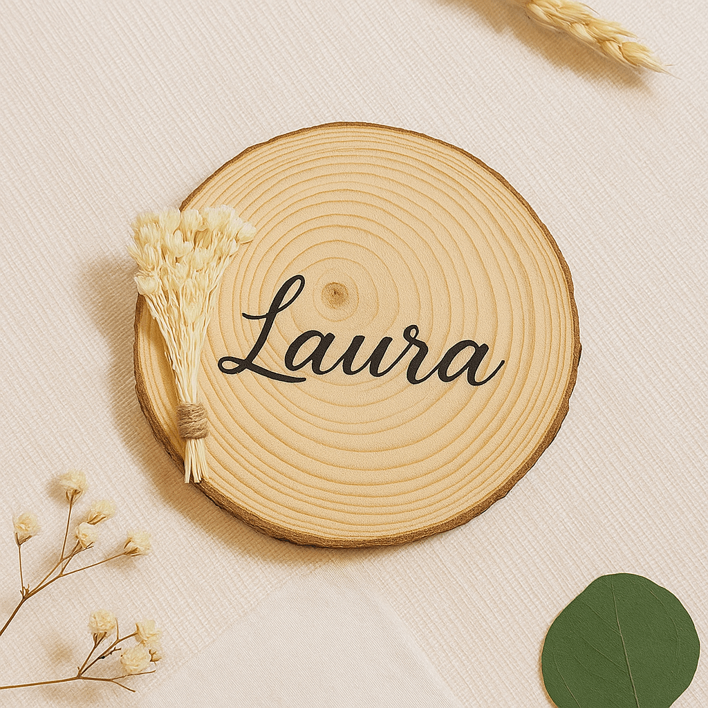 Base de madera personalizada con flor seca – Decoración y marcasitios para eventos - Impresión y Regalos 3D
