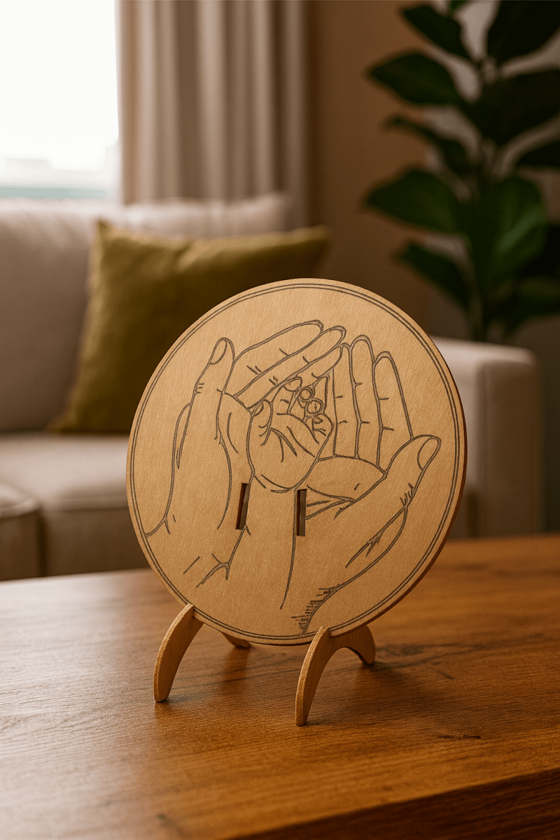 Recuerdo de nacimiento en madera – Manos de madre y bebé con pulsera hospitalaria - Impresión y Regalos 3D
