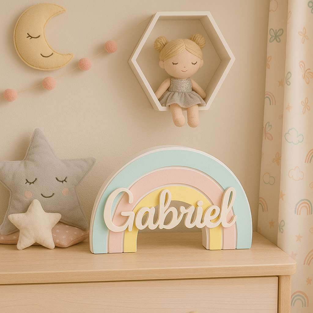 Arcoíris Infantil nombre Personalizado Gabriel en Impresión 3D Decoración Única colores pasteles, regalo para bebes recien nacidos