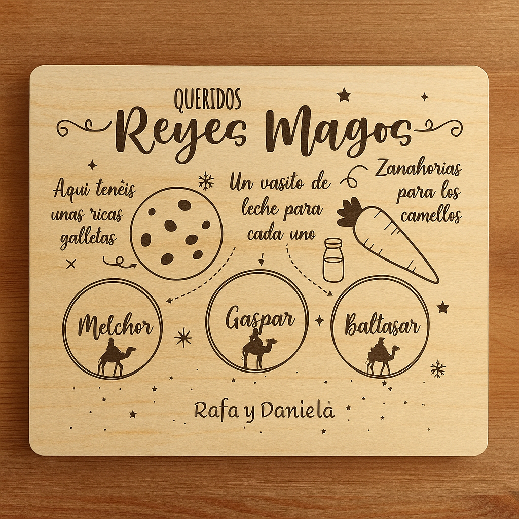 Bandeja personalizada para Reyes Magos en madera de pino | Deja leche, galletas y zanahorias con el nombre de tus hijos - Impresión y Regalos 3D