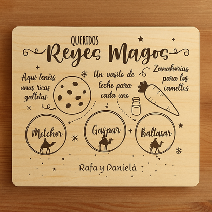 Bandeja personalizada para Reyes Magos en madera de pino | Deja leche, galletas y zanahorias con el nombre de tus hijos - Impresión y Regalos 3D