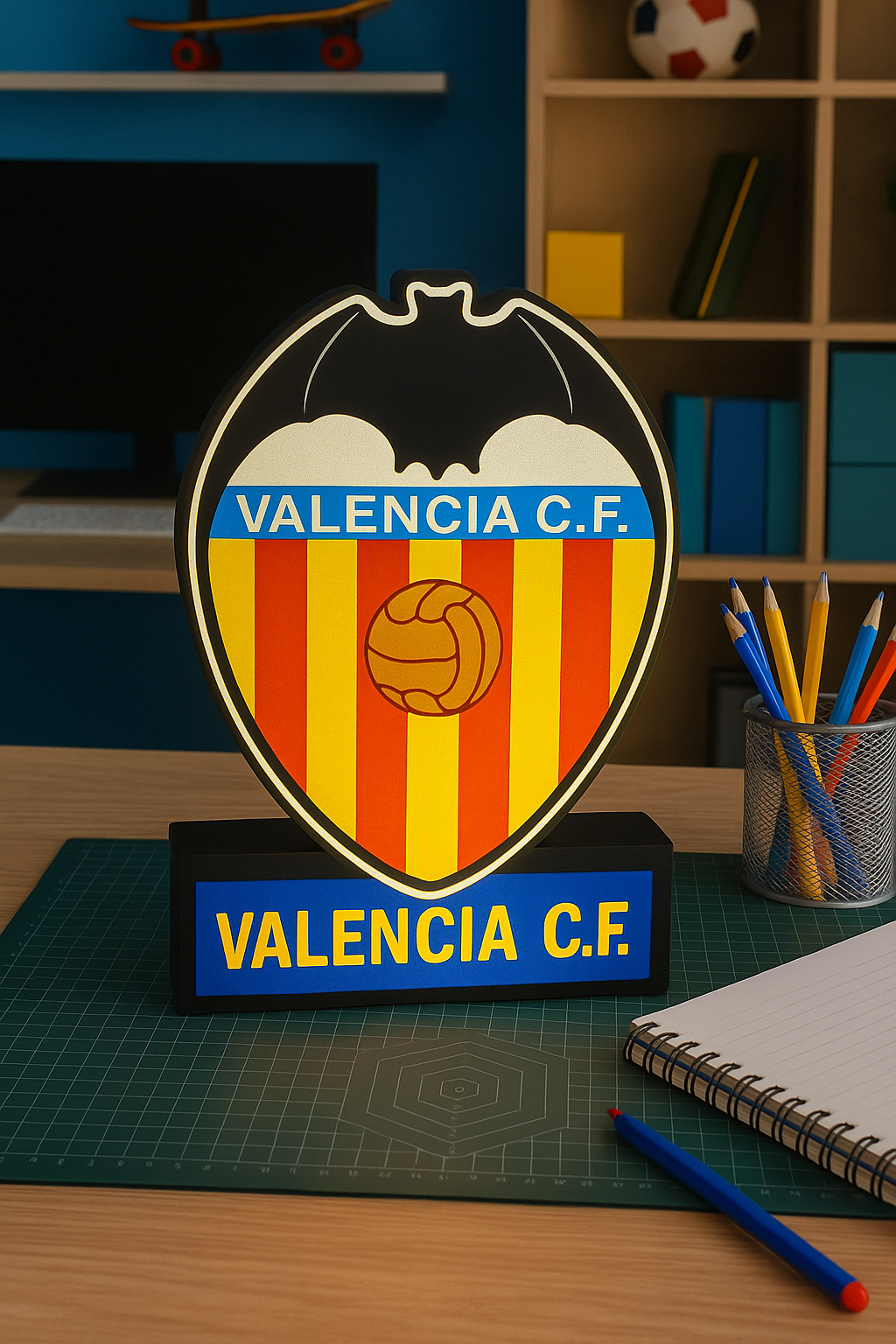 Lámpara LED personalizada escudo del Valencia fútbol Impresión en 3D tamaño de 24 cm