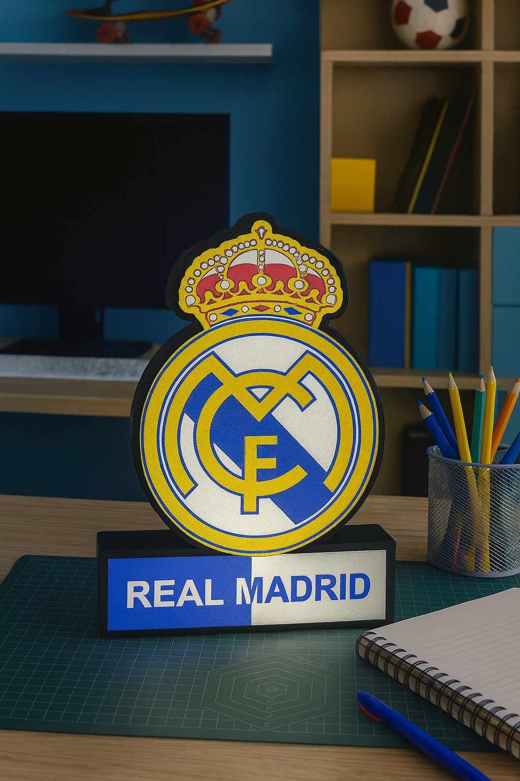 Lámpara LED personalizada escudo del Real Madrid fútbol o baloncesto Impresión en 3D tamaño de 24 cm