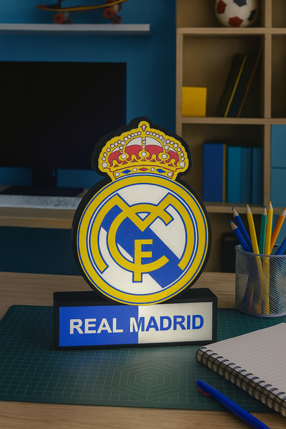 Lámpara LED personalizada escudo del Real Madrid fútbol o baloncesto Impresión en 3D tamaño de 24 cm