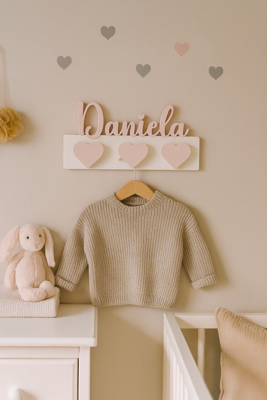 Perchero Infantil Personalizado para Pared con Nombre Daniela y corazones en 3D