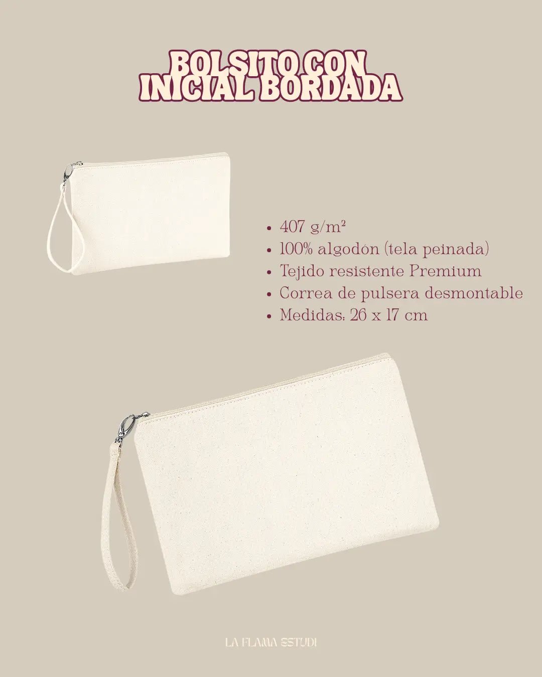 Bolsito de mano con inicial floral bordada