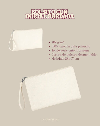 Bolsito de mano con inicial floral bordada