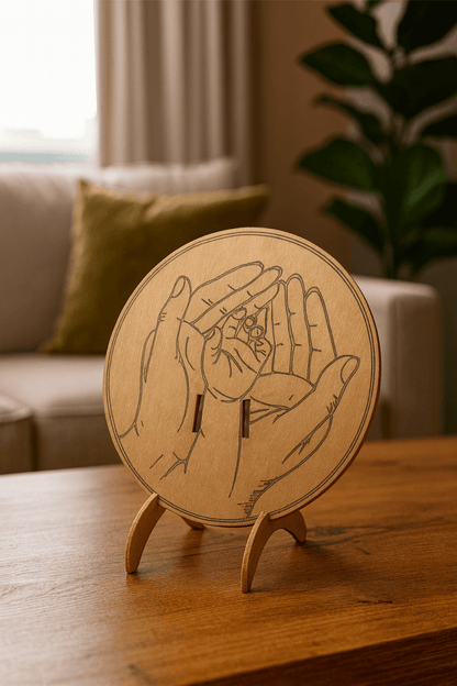 Recuerdo de nacimiento en madera – Manos de madre y bebé con pulsera hospitalaria - Impresión y Regalos 3D