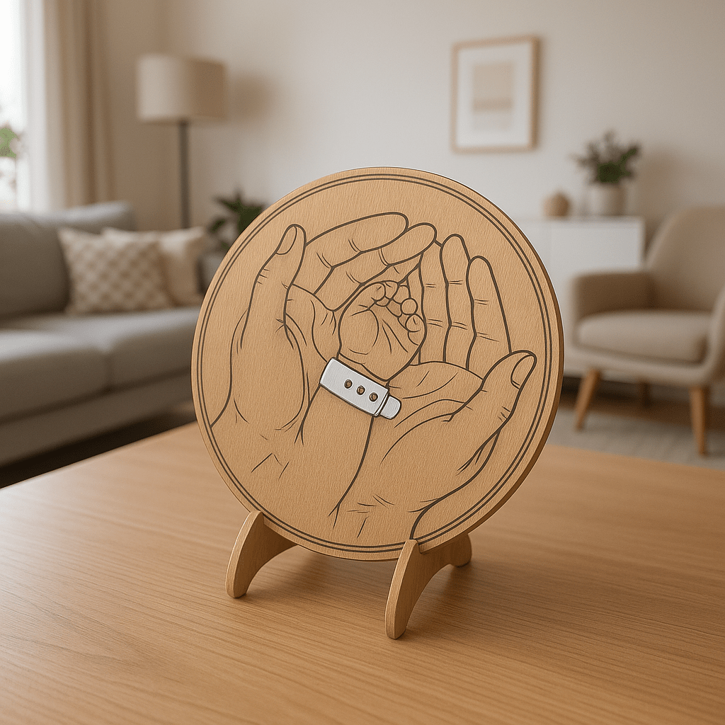 Recuerdo de nacimiento en madera – Manos de madre y bebé con pulsera hospitalaria - Impresión y Regalos 3D